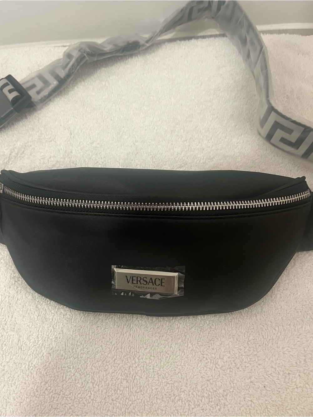 Versace Black Belt Bag with Silver Logo Plaque and Grey Strap new never used